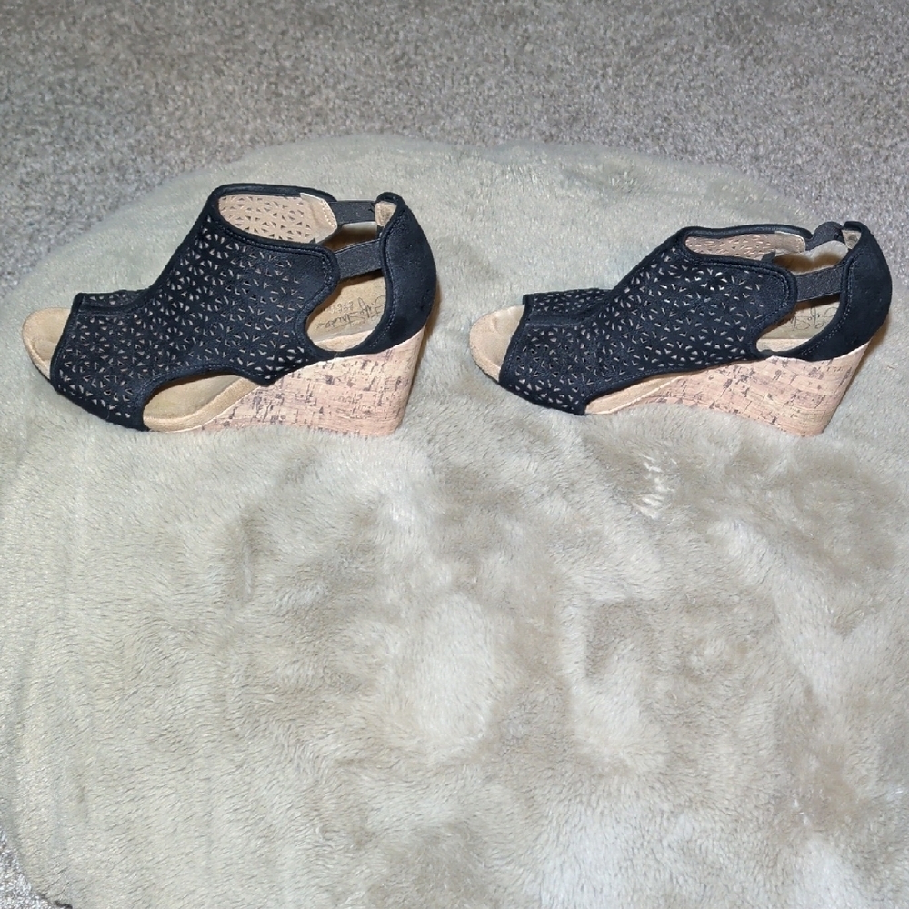 Life Stride Black Laser-Cut Cork Wedge Sandals - Picture 8 of 8